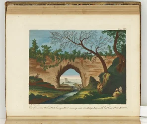 Vy över en nyfiken välvd sten med en flod som rinner under sig, Tolaga Bay, på Nya Zeelands östkust, illustration från A journal of a voyage to the South Seas: in His Majesty